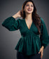 Long Sleeve Vneck Green Satin Top